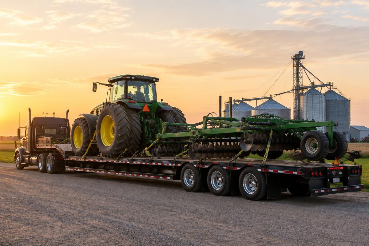 Farm tractor and implement secured to an open-deck trailer near grain silos