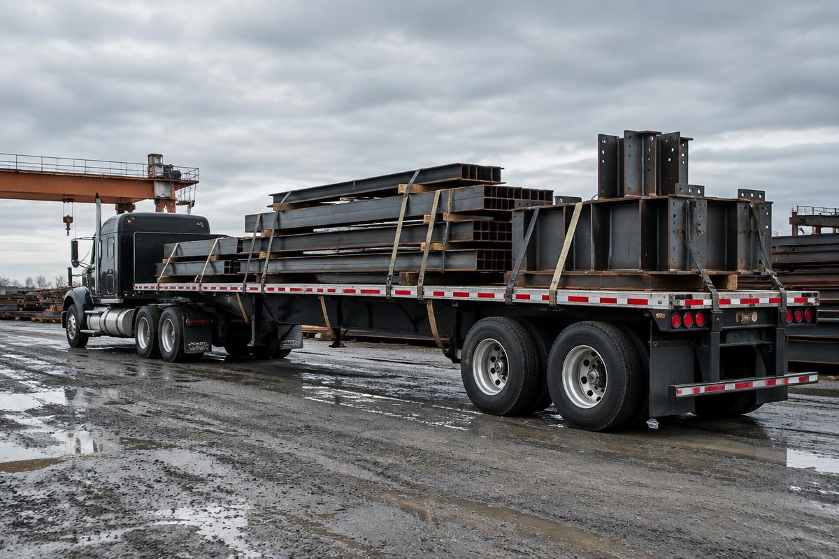 Steel beams secured on a flatbed trailer at an industrial yard