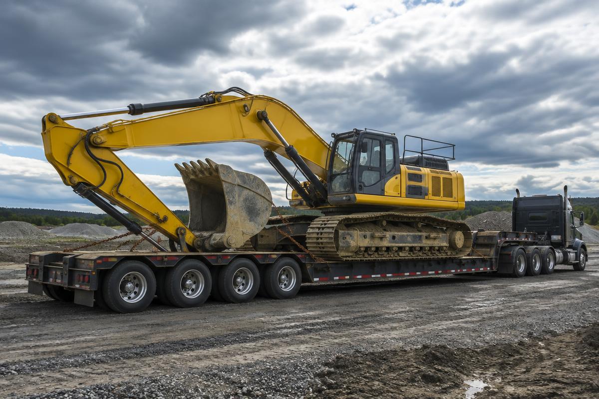 Excavator secured on a lowboy trailer at a construction site