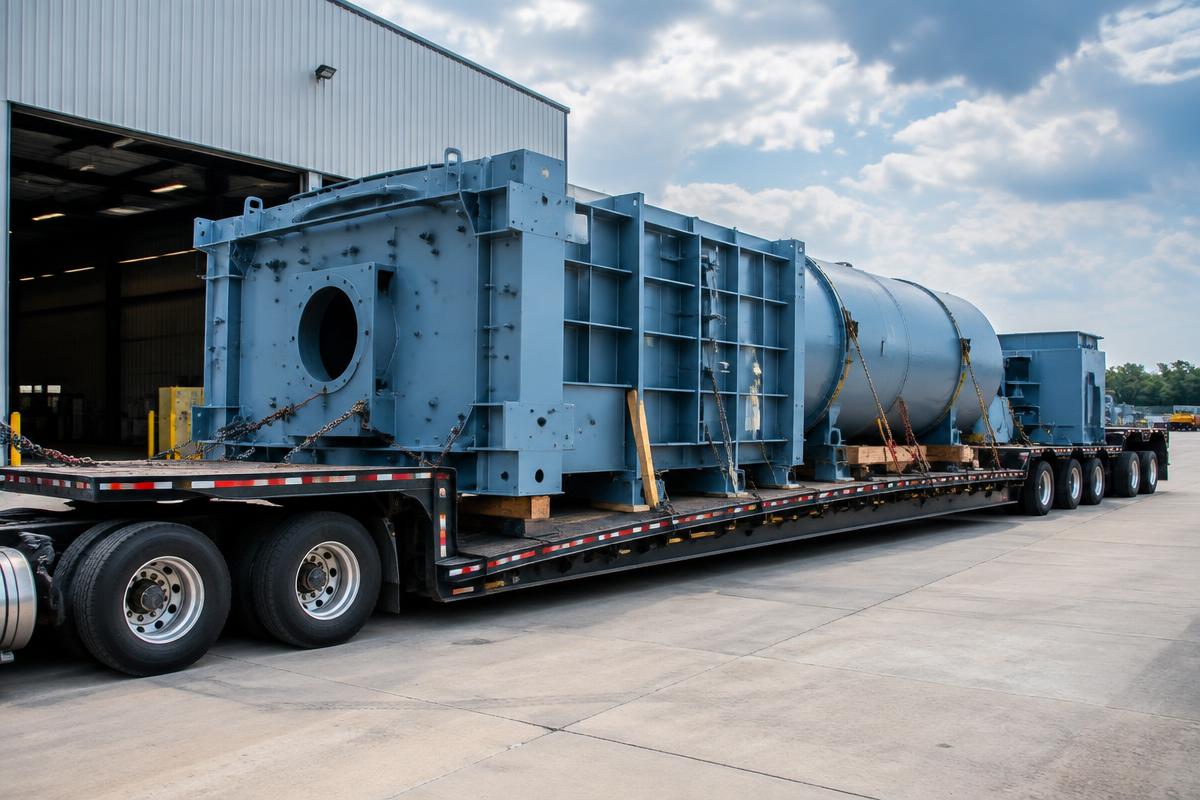 Large industrial machinery secured on an open-deck trailer at a plant